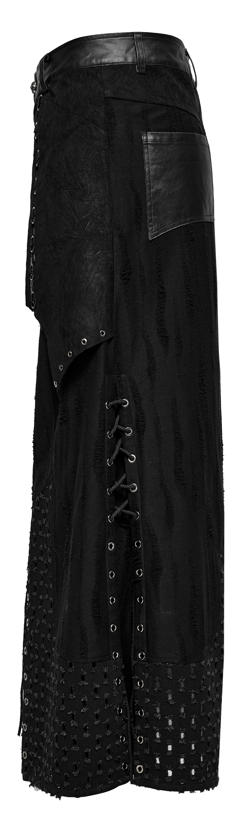 Gothic Punk layered skirt with metallic accents and textured PU leather for men, showcasing an edgy design.