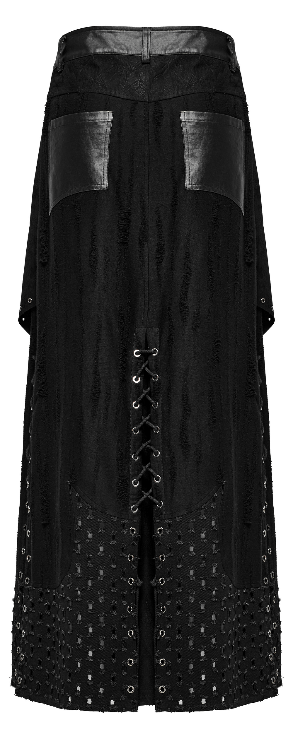 Back view of a Gothic Punk layered skirt featuring metallic accents, textured fabric, and lace-up detailing.