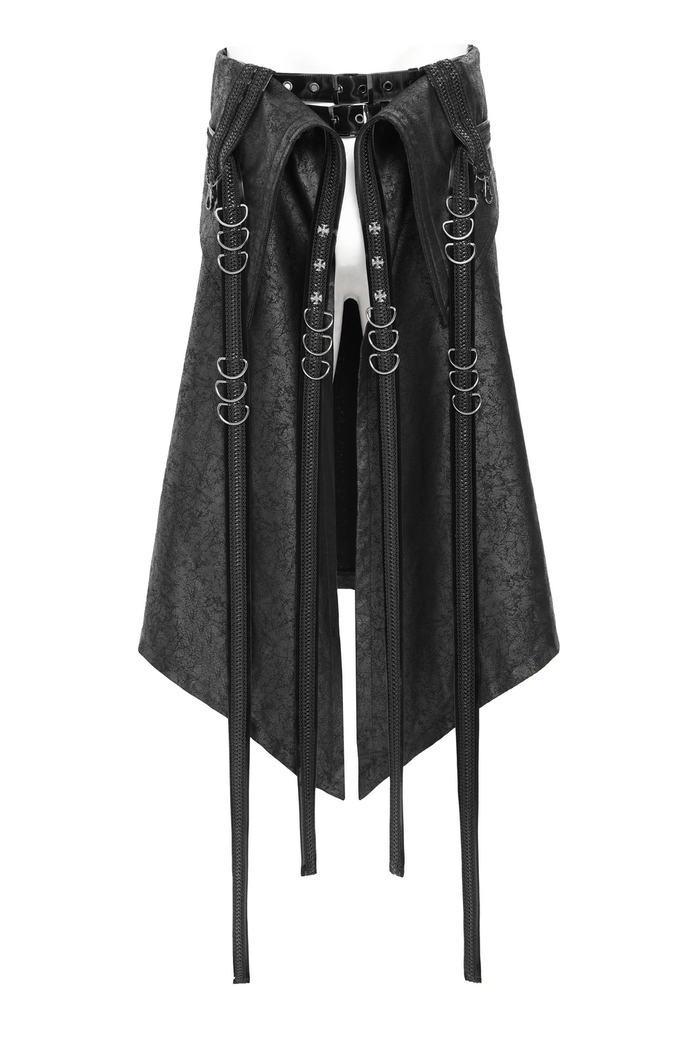 Gothic Punk Layered Strap Skirt with Zippers and Rings featuring layered panels, metal rings, and striking zipper details.
