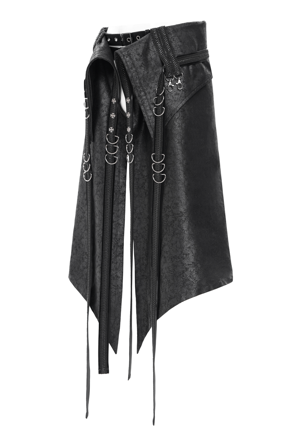 Gothic Punk Layered Strap Skirt with Zippers and Rings featuring layered panels and metal hardware details.