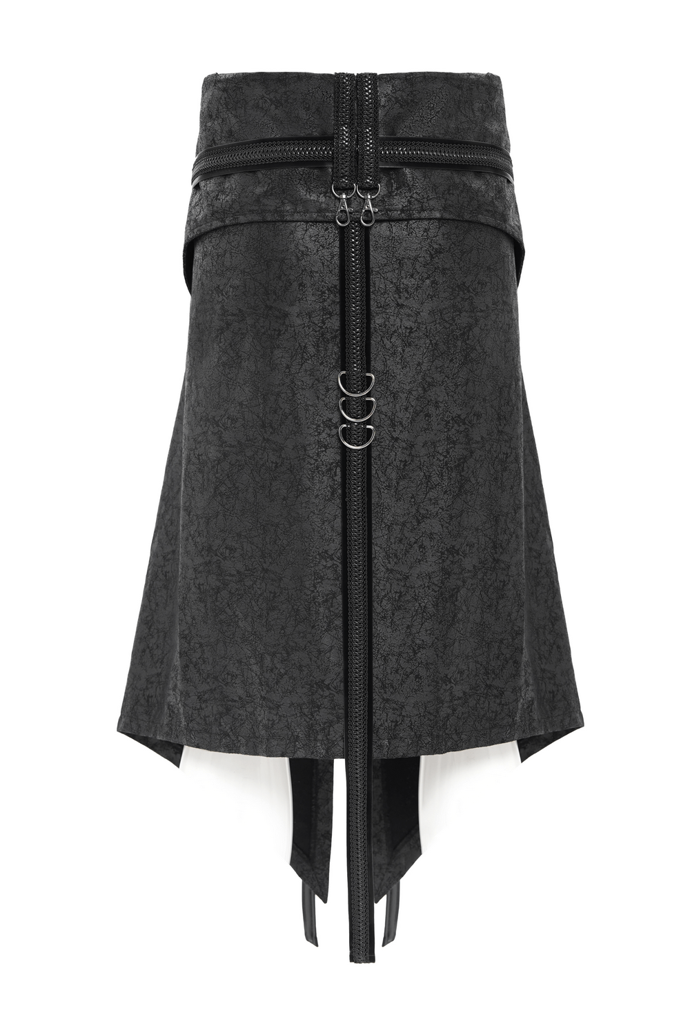 Gothic Punk Layered Strap Skirt with Zippers and Rings featuring metal hardware and layered panels.