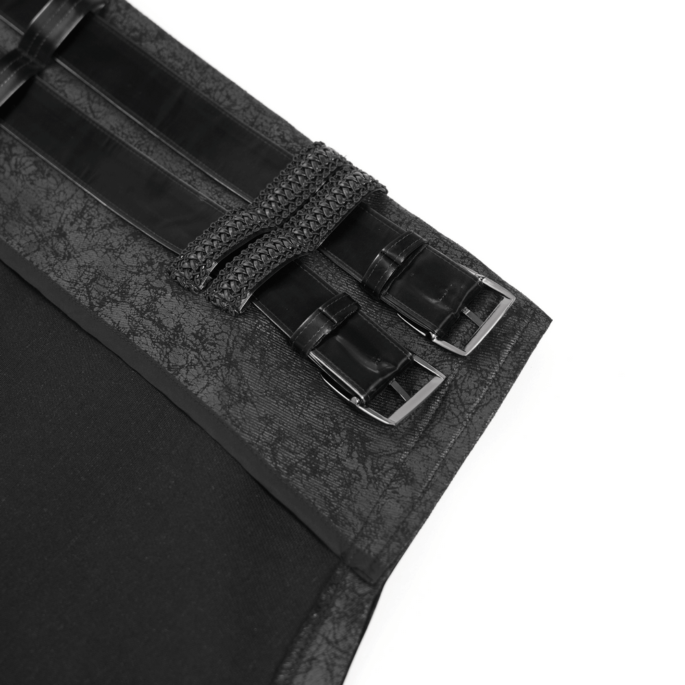 Gothic Punk Layered Strap Skirt with Zippers and Rings close-up showing straps and metal hardware details.