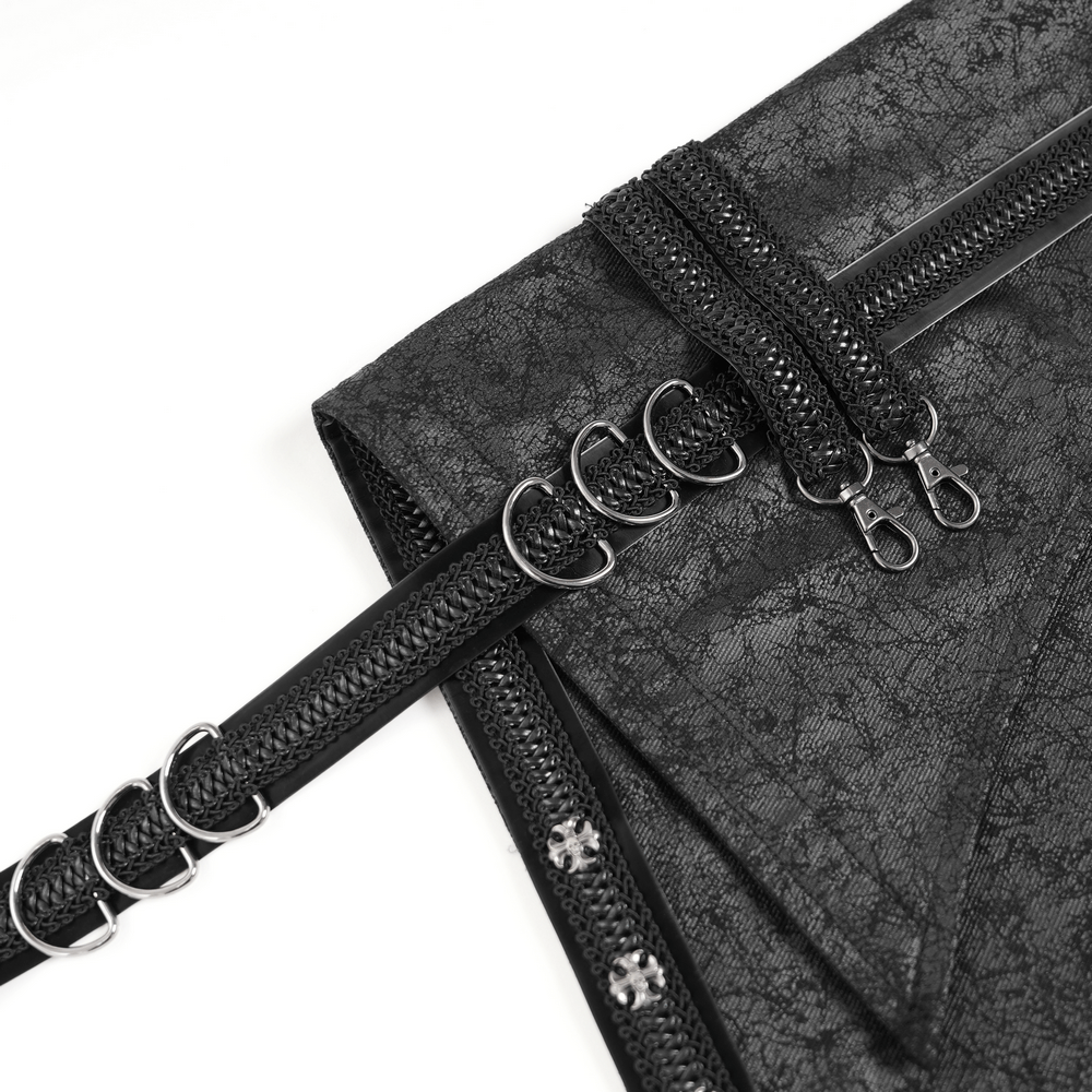Gothic Punk Layered Strap Skirt with Zippers and Rings featuring striking metal hardware details.