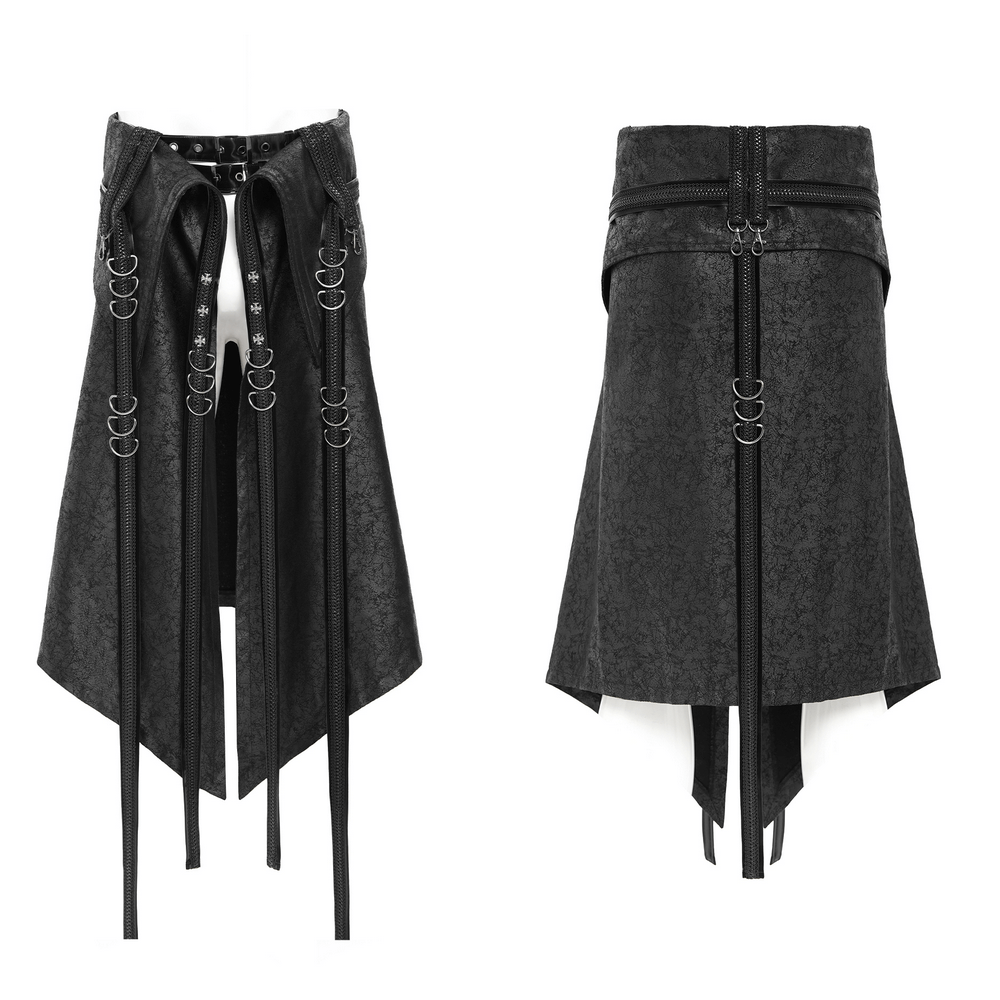 Gothic Punk Layered Strap Skirt with Zippers and Rings showcasing layered panels and metal hardware details.