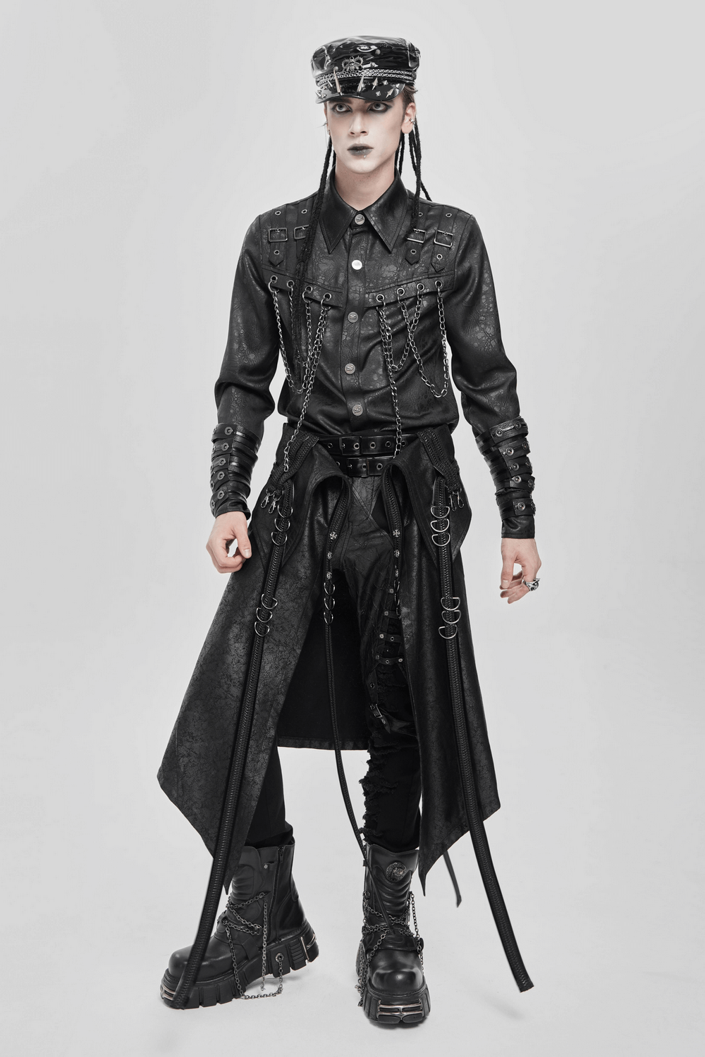 Gothic Punk Layered Strap Skirt with Zippers and Rings, featuring metal details and edgy styling.