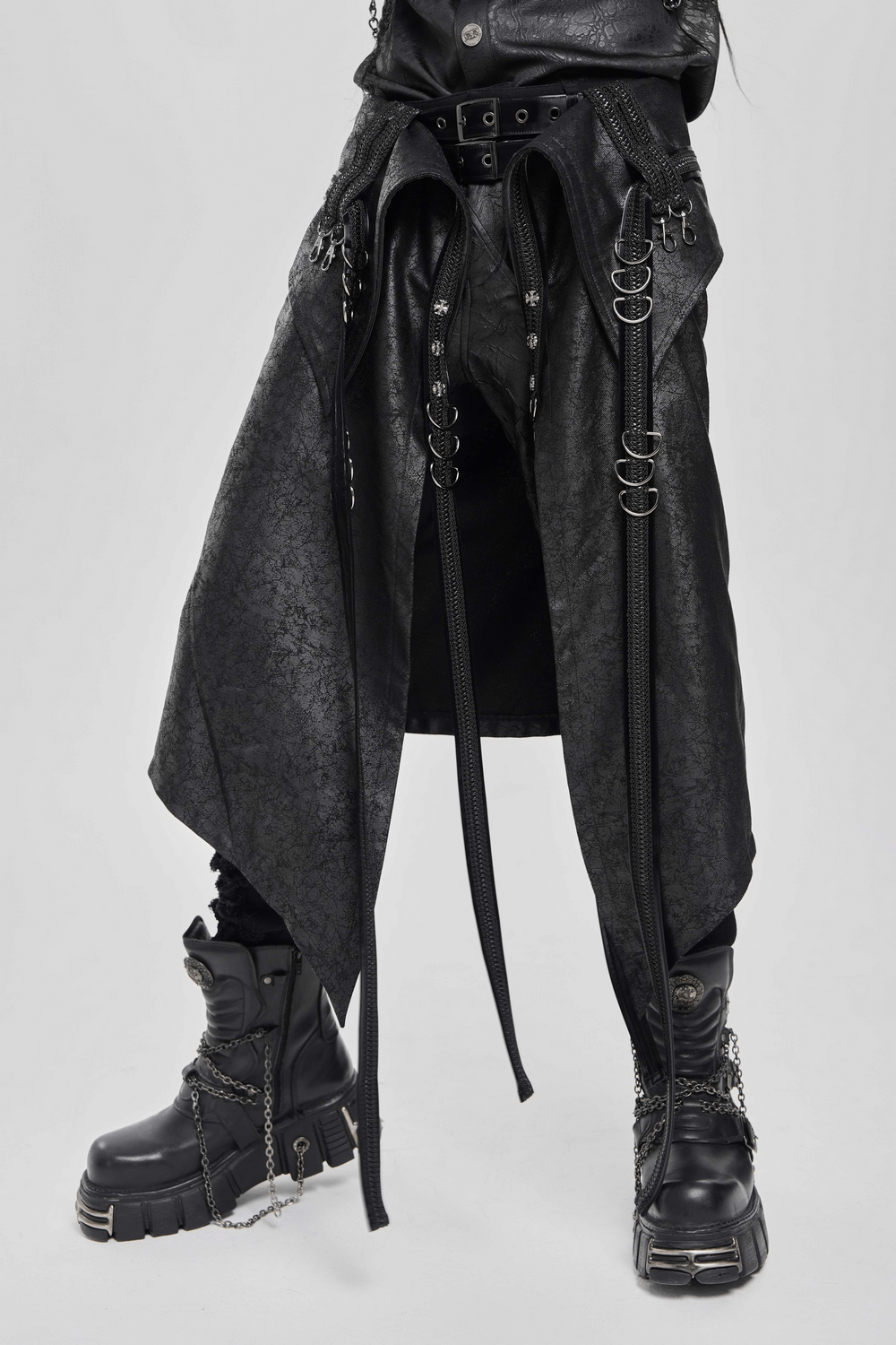 Gothic Punk Layered Strap Skirt with Zippers and Rings featuring layered panels and metal hardware details.