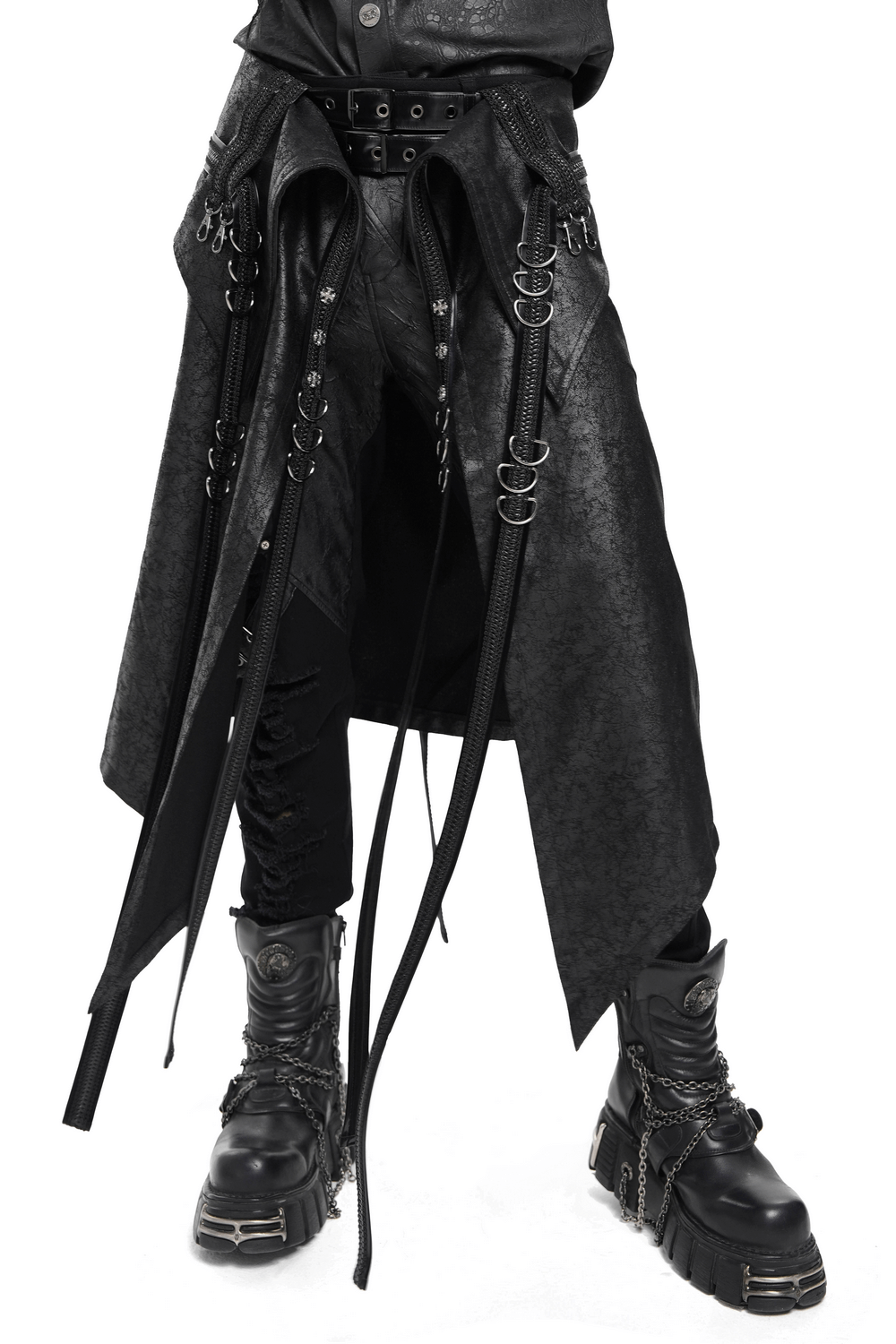 Gothic Punk Layered Strap Skirt with Zippers and Rings worn with chunky platform boots, showcasing industrial metal details.