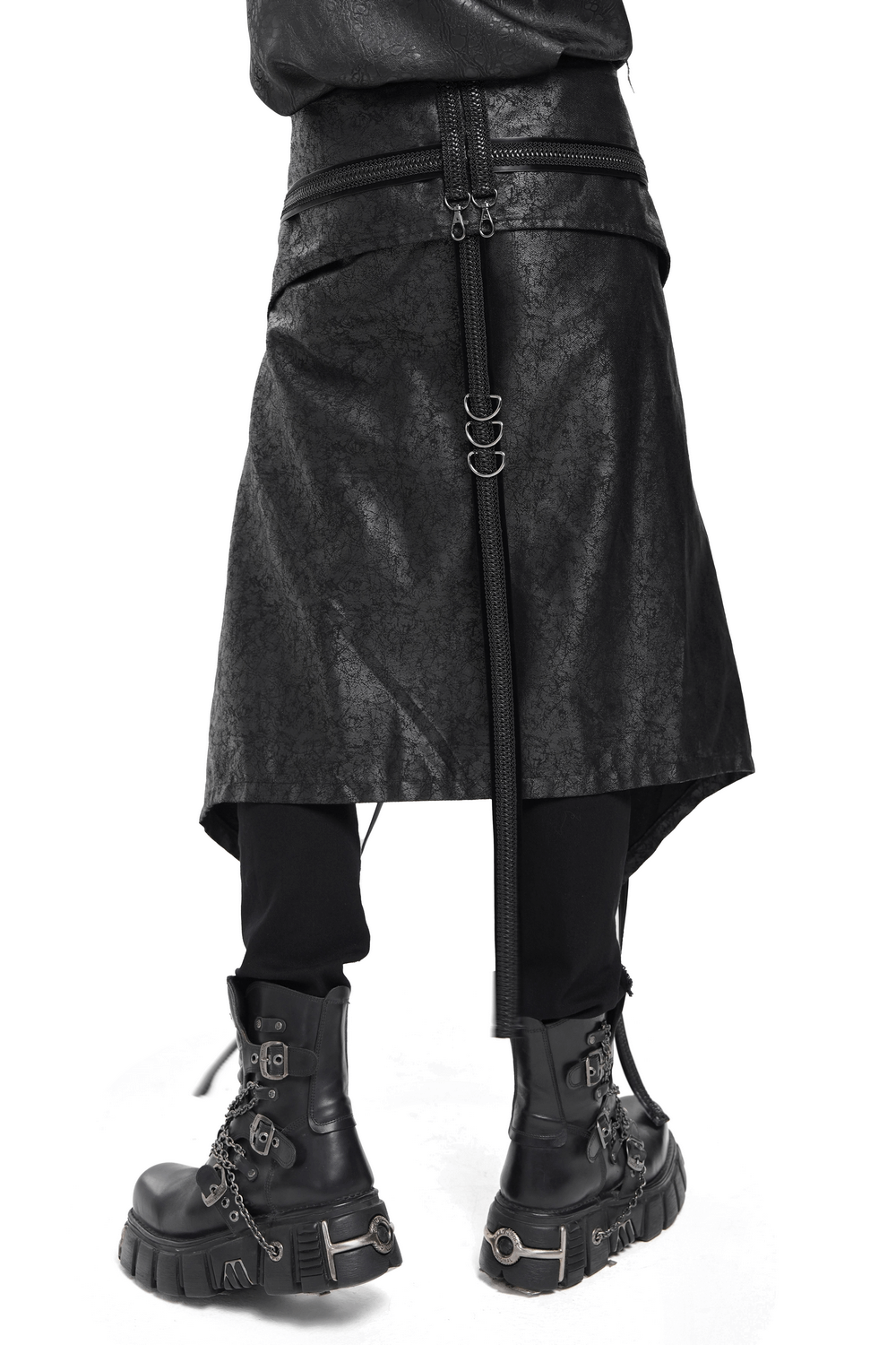 Gothic Punk Layered Strap Skirt with Zippers and Rings worn with platform boots, showcasing edgy design and metal hardware.