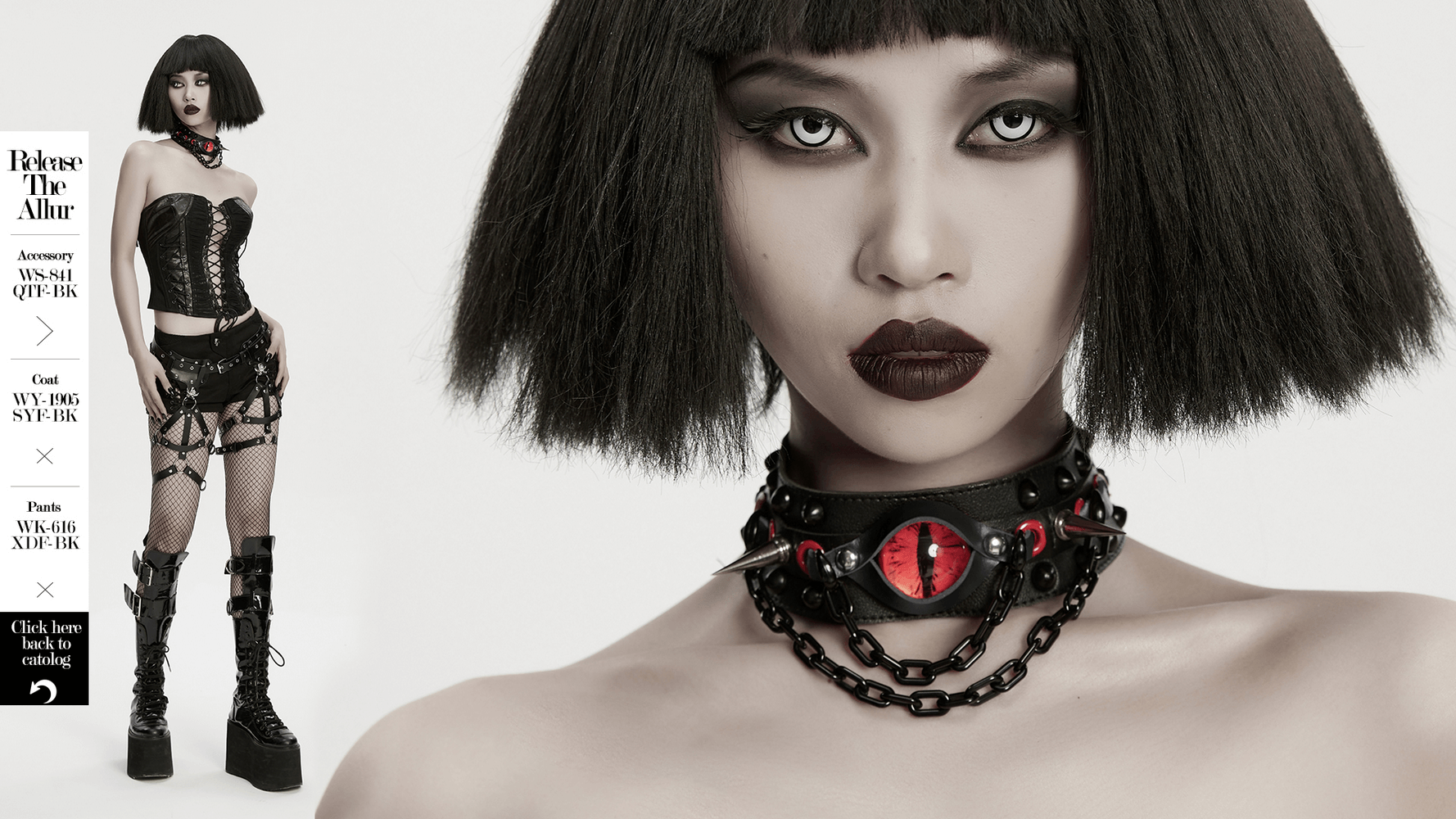 Gothic Punk Leather Choker with Demon Eye and Chains worn by model, featuring spikes and layered chains.