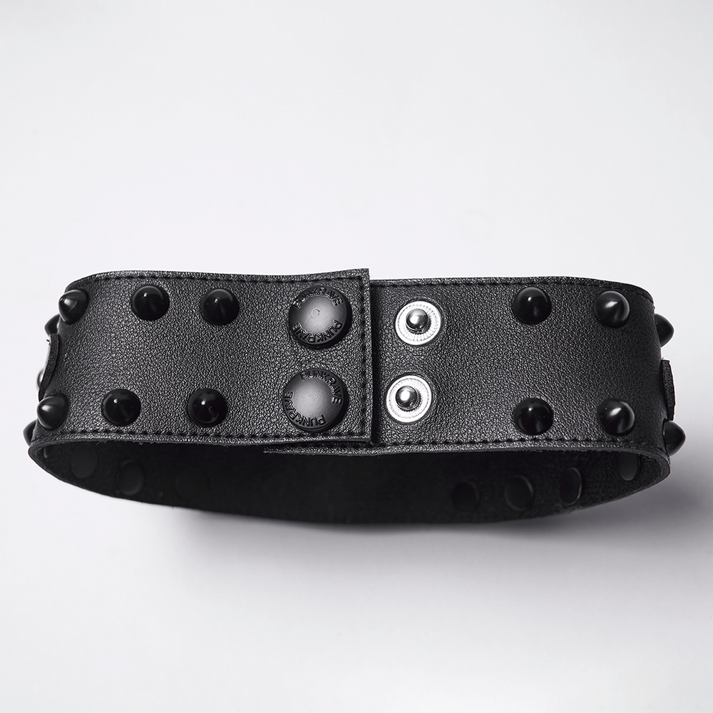 Gothic Punk Leather Choker with Demon Eye and Chains, featuring spikes and rivets for a bold look.