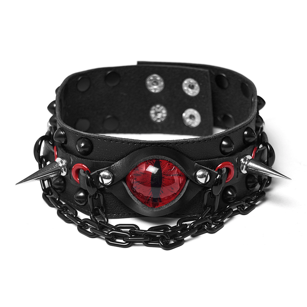 Gothic Punk Leather Choker with Demon Eye and Chains featuring bold spikes and gothic chains.