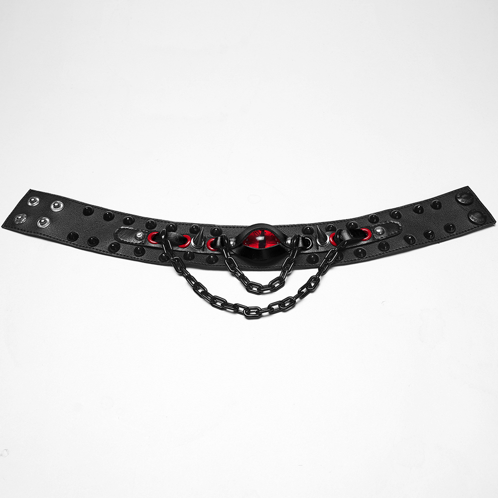 Gothic Punk Leather Choker with Demon Eye and Chains featuring spikes and layered chains.