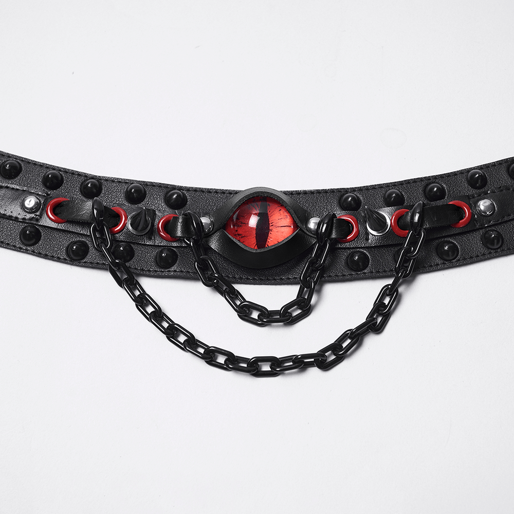 Gothic Punk Leather Choker with Demon Eye and Chains featuring spikes and a bold design.