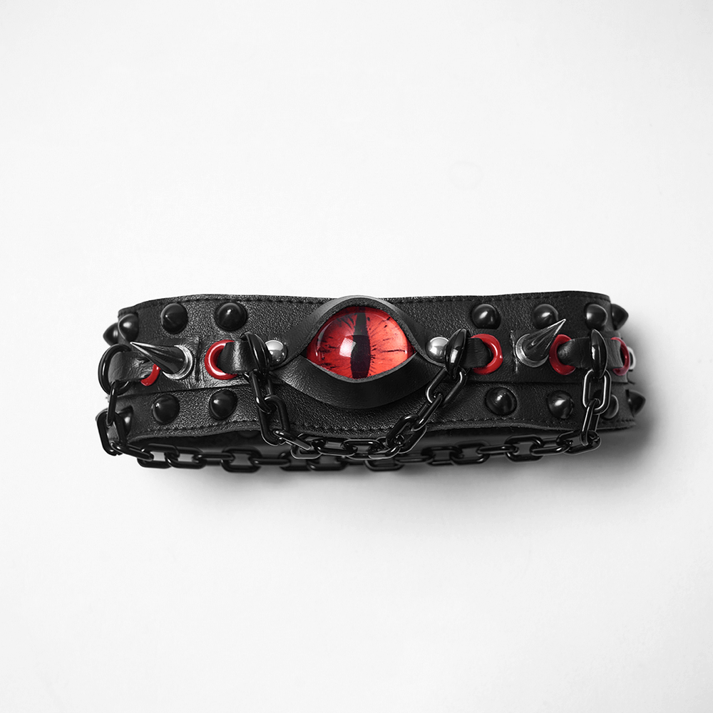 Gothic Punk Leather Choker with Demon Eye and Chains featuring spikes, rivets, and layered chains for a bold statement.