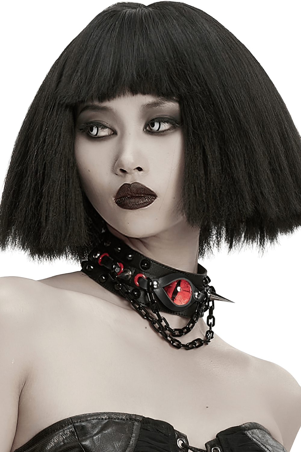 Gothic Punk Leather Choker with Demon Eye and Chains worn by a model showcasing edgy style and bold design.