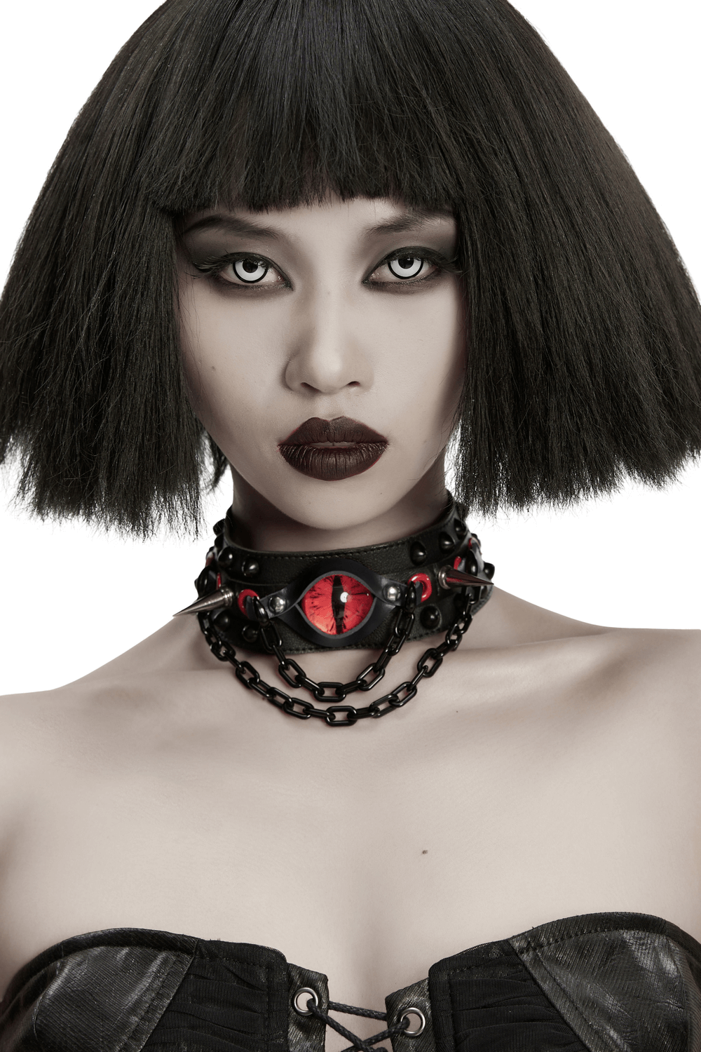 Gothic Punk Leather Choker with Demon Eye and Chains worn by model, featuring a striking demon's eye and spikes.