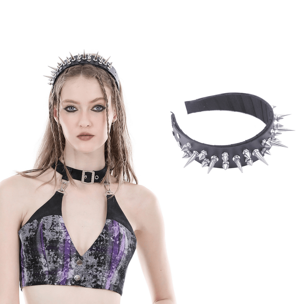 Gothic Punk Leather Headband with Silver Spikes