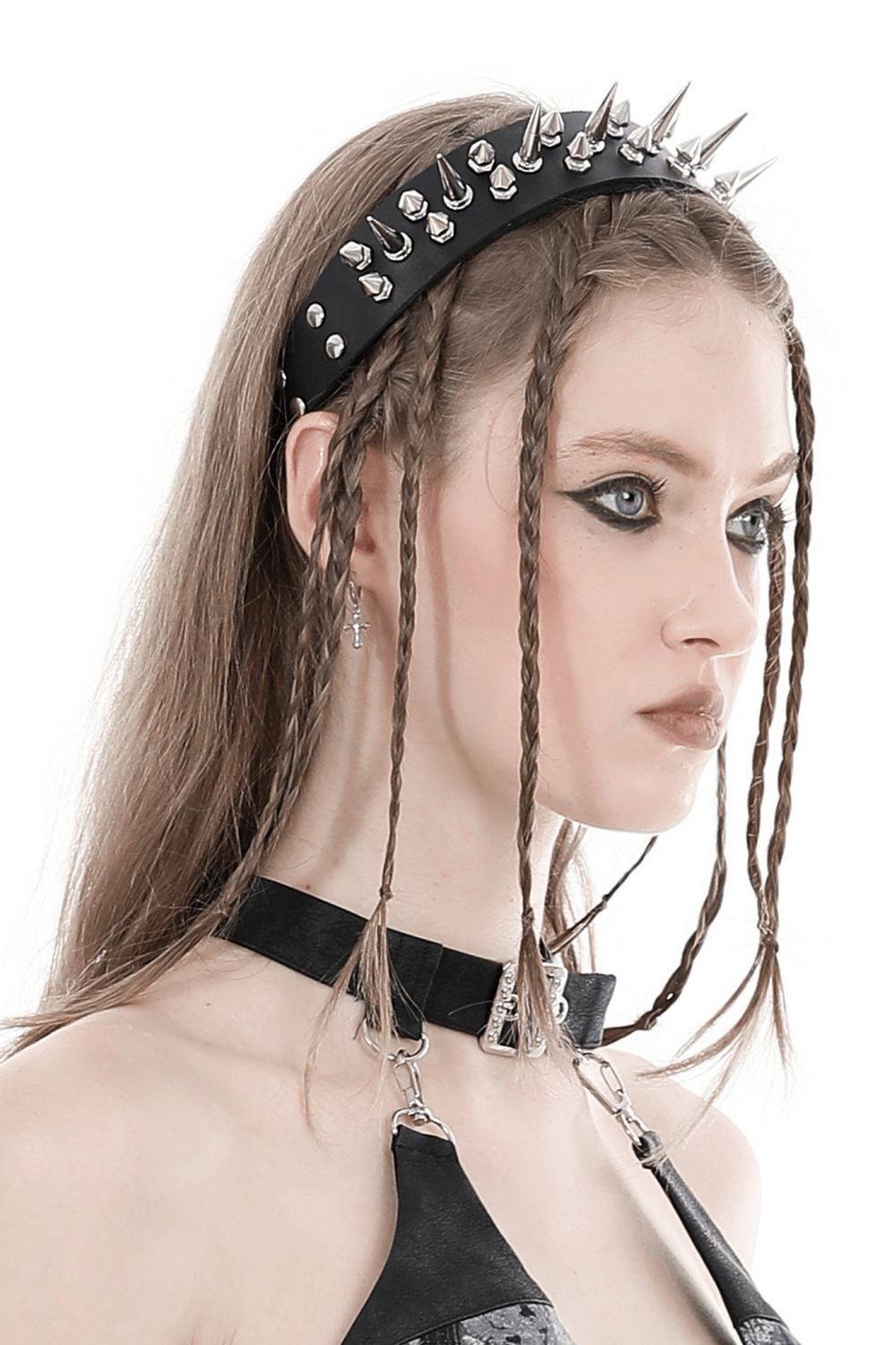 Gothic Punk Leather Headband with Silver Spikes