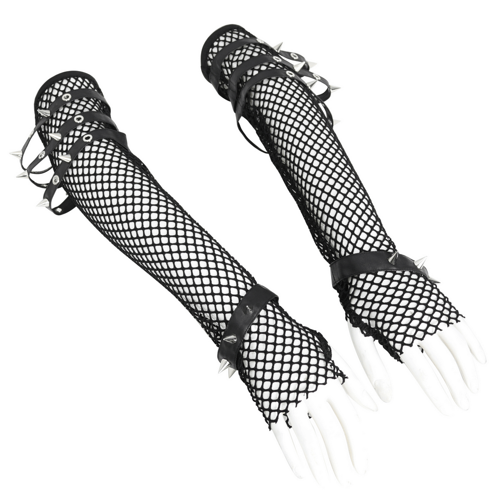 Gothic Punk Long Fishnet Gloves with Spiked Buckles