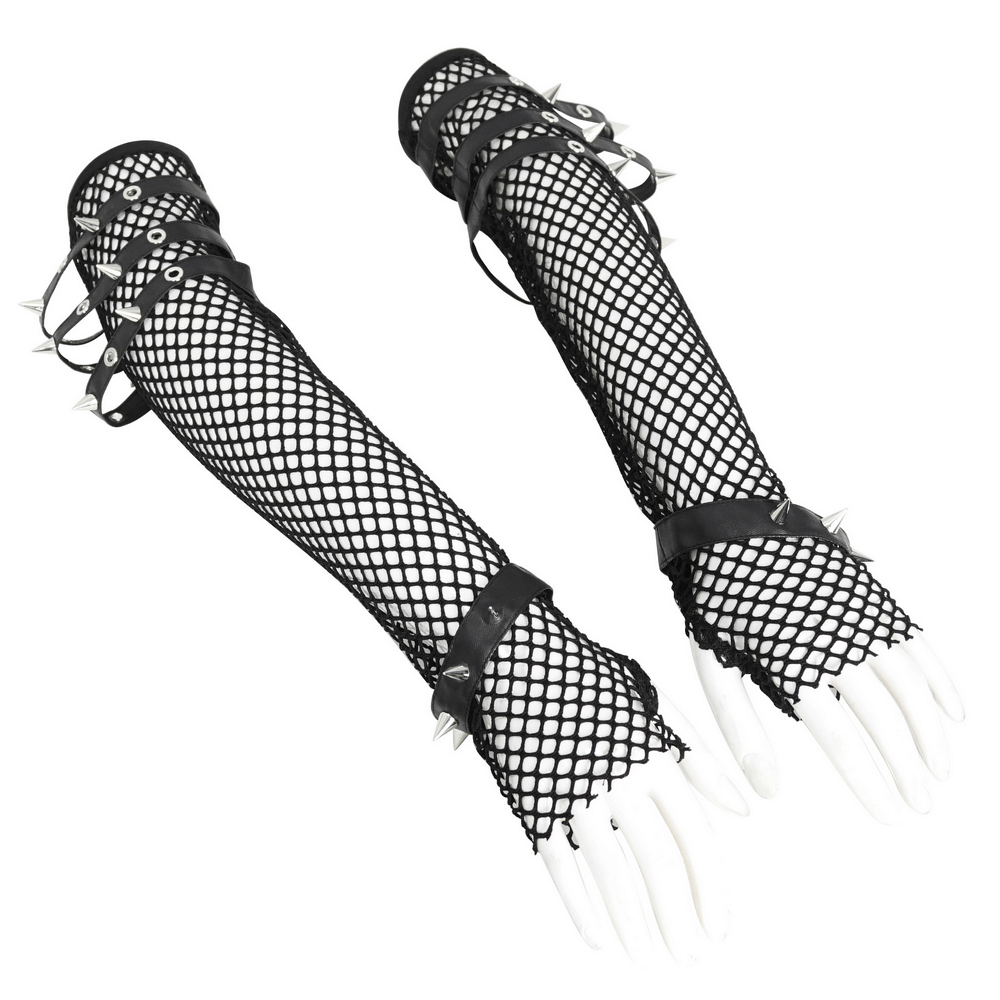 Gothic punk long black fishnet gloves with spiked buckles for a bold, edgy look. Perfect fingerless accessory for any outfit.
