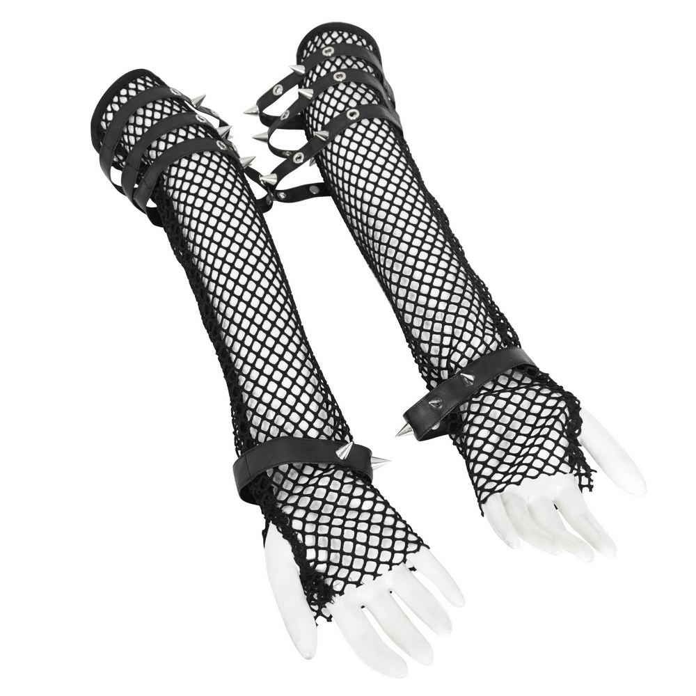 Gothic Punk Long Fishnet Gloves with Spiked Buckles