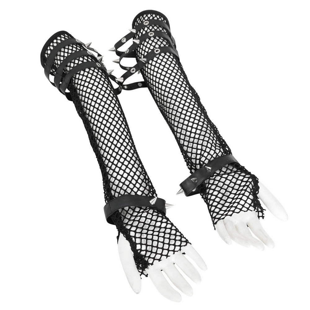Gothic punk long black fishnet gloves with spiked buckles for edgy fashion looks.