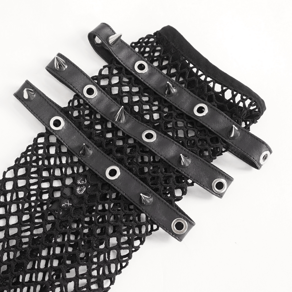 Gothic punk long black fishnet gloves with spiked buckles for women, perfect for an edgy look.