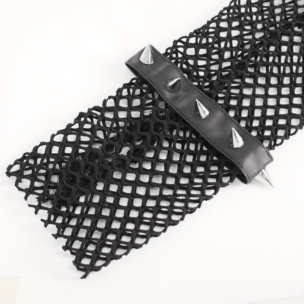 Close-up of women's long black fishnet gloves with spiked buckles for an edgy gothic punk look.