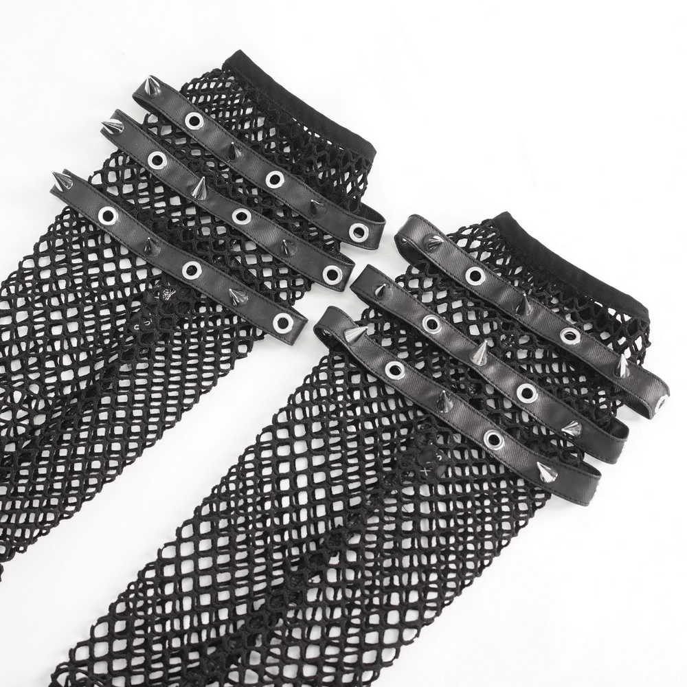 Gothic punk long black fishnet gloves with spiked buckles for an edgy, stylish look.
