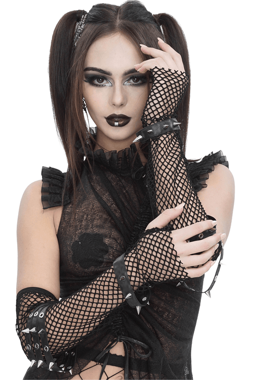 Lange Gothic-Punk-Netzhandschuhe mit Stachelschnallen