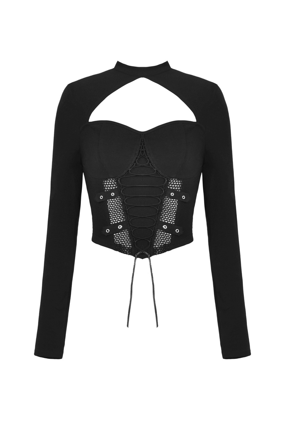 Gothic Punk Mesh Cutout Long Sleeves Lace-Up Crop Top