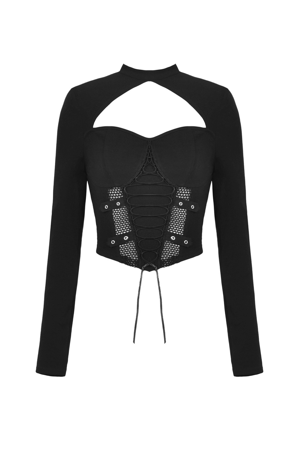 Gothic punk black mesh crop top with lace-up front and long sleeves, perfect for edgy fashion.