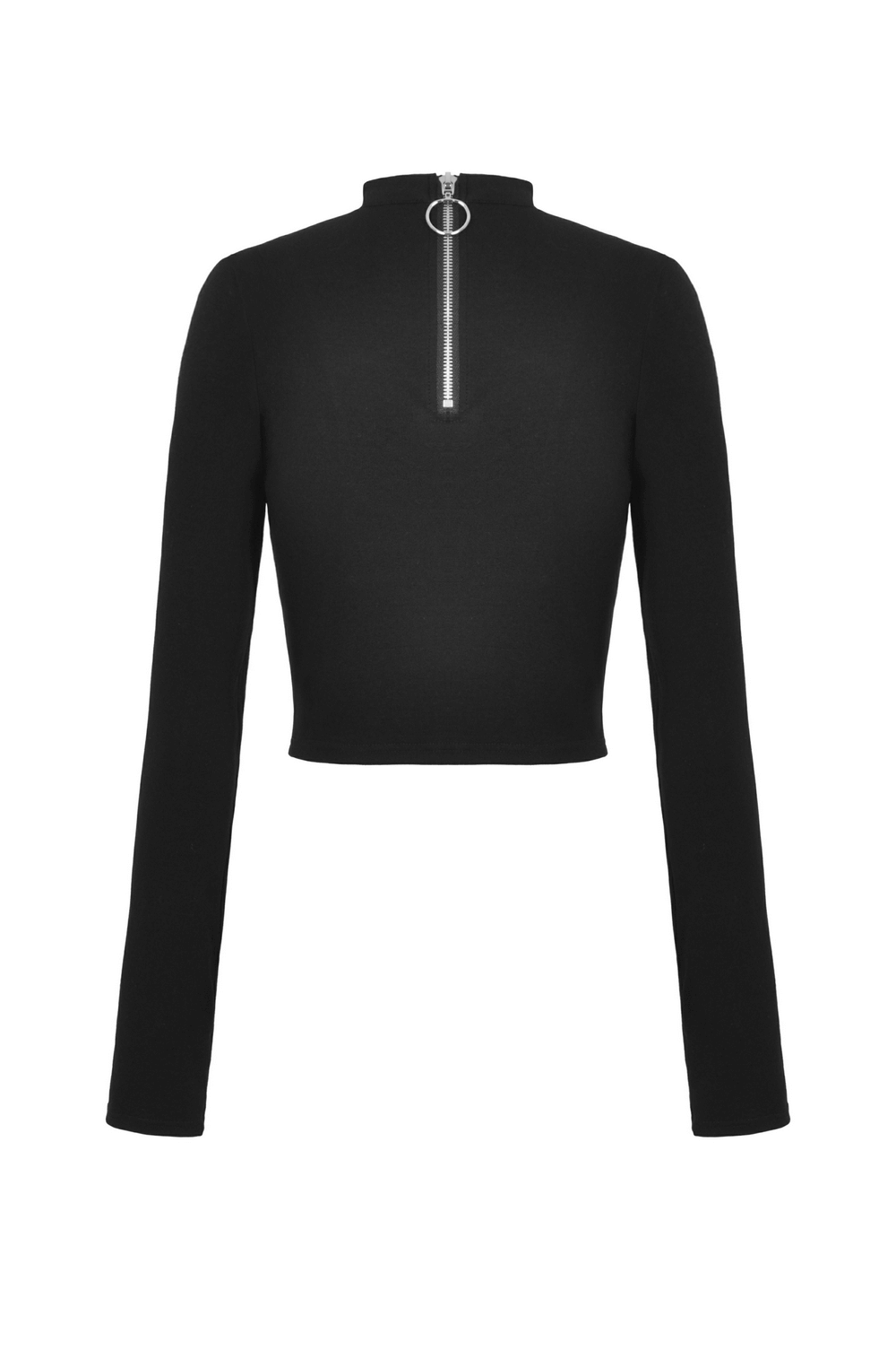 Back view of edgy black cropped top with long sleeves and zipper detail for a punk style.