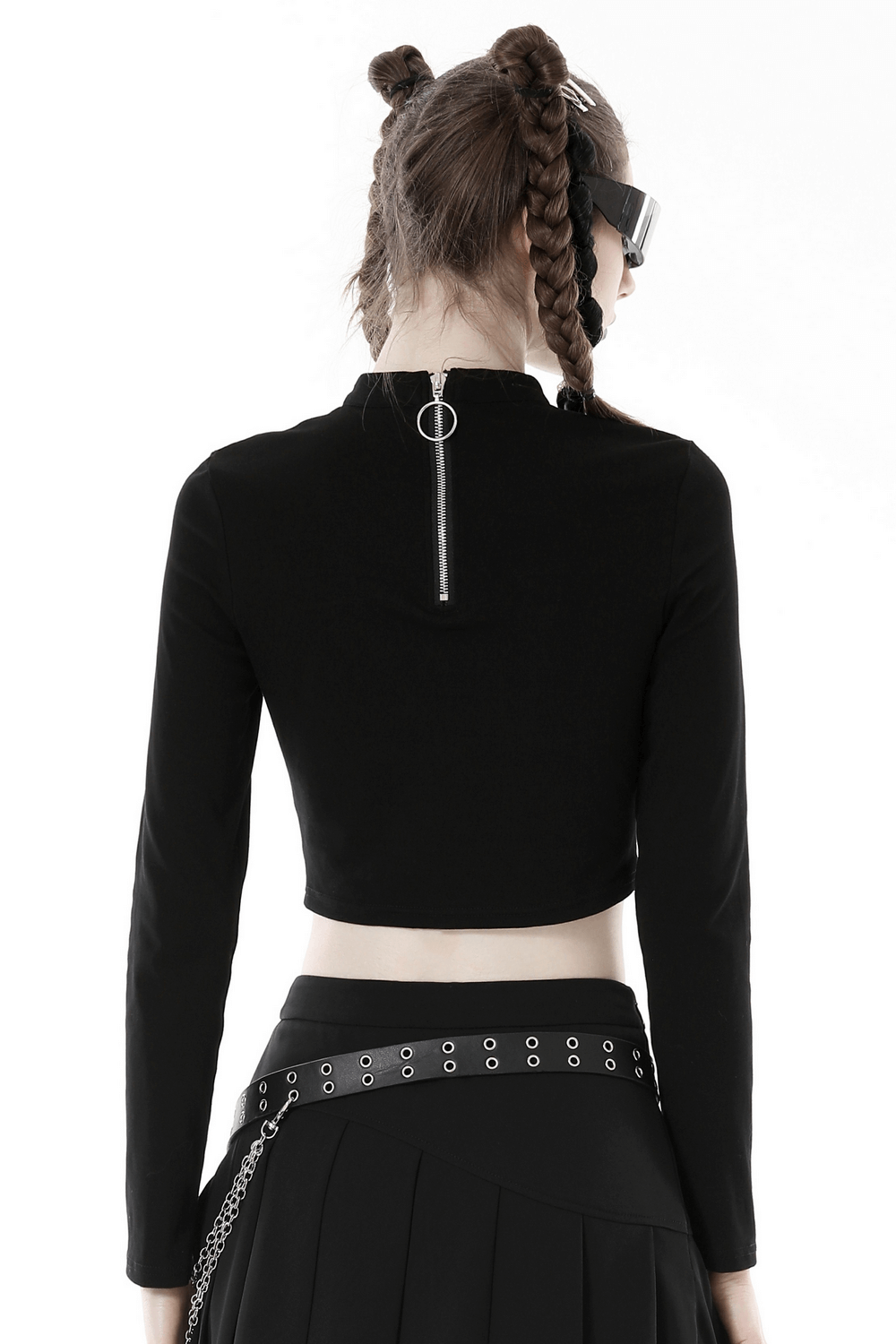 Back view of edgy black long sleeve crop top with zipper and sleek design for a punk look.