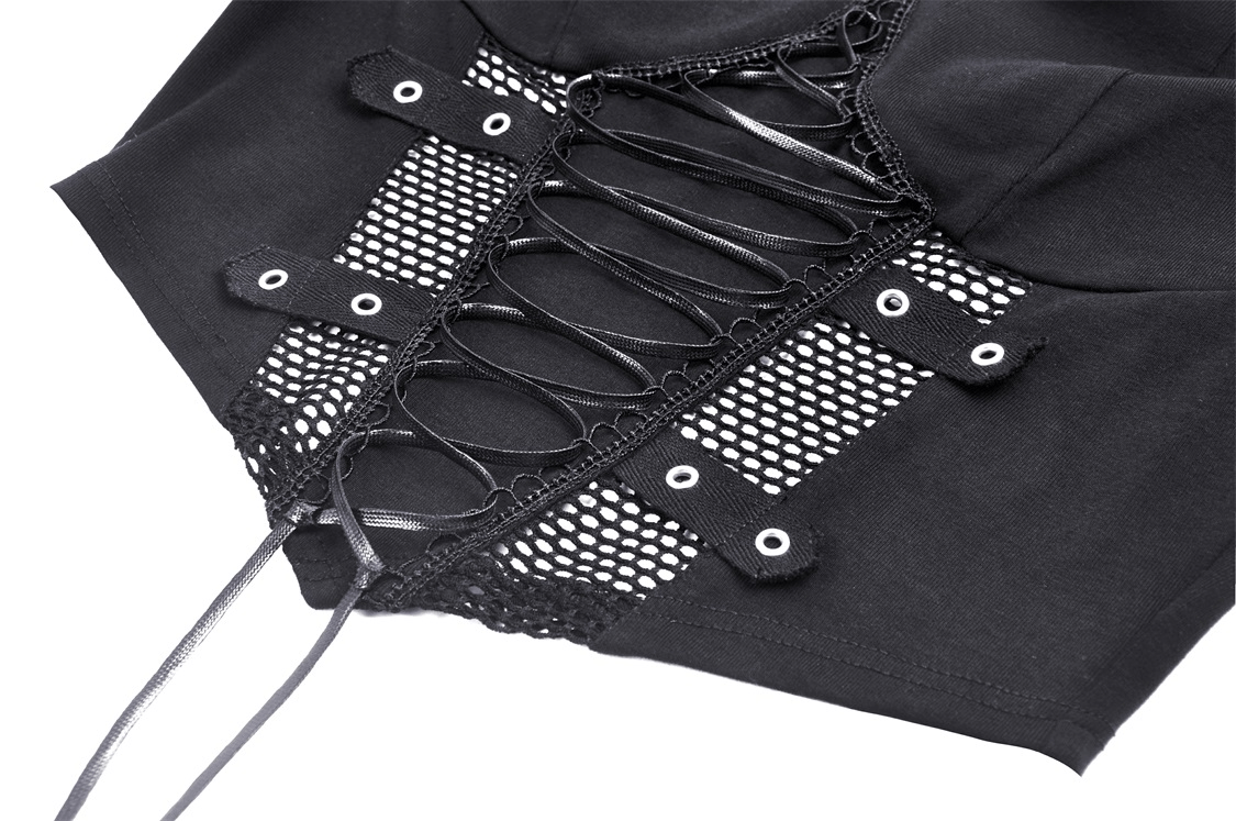Close-up of gothic punk mesh crop top featuring lace-up front and metal grommets for edgy style.