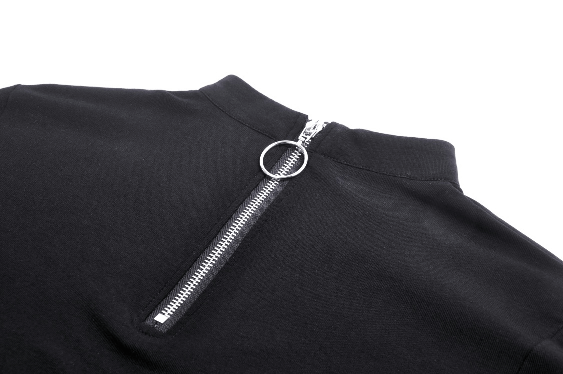 Edgy black top featuring a stylish zip closure at the back for a modern punk look.