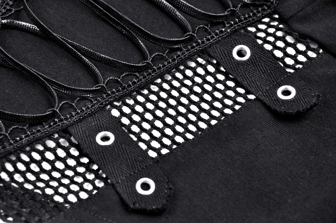 Close-up of black mesh crop top with lace-up front and metal grommets for an edgy punk style.