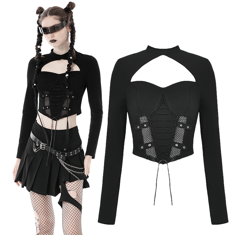Edgy Gothic Punk Mesh Cutout Long Sleeves Lace-Up Crop Top with sheer panels and metal grommets on a model.