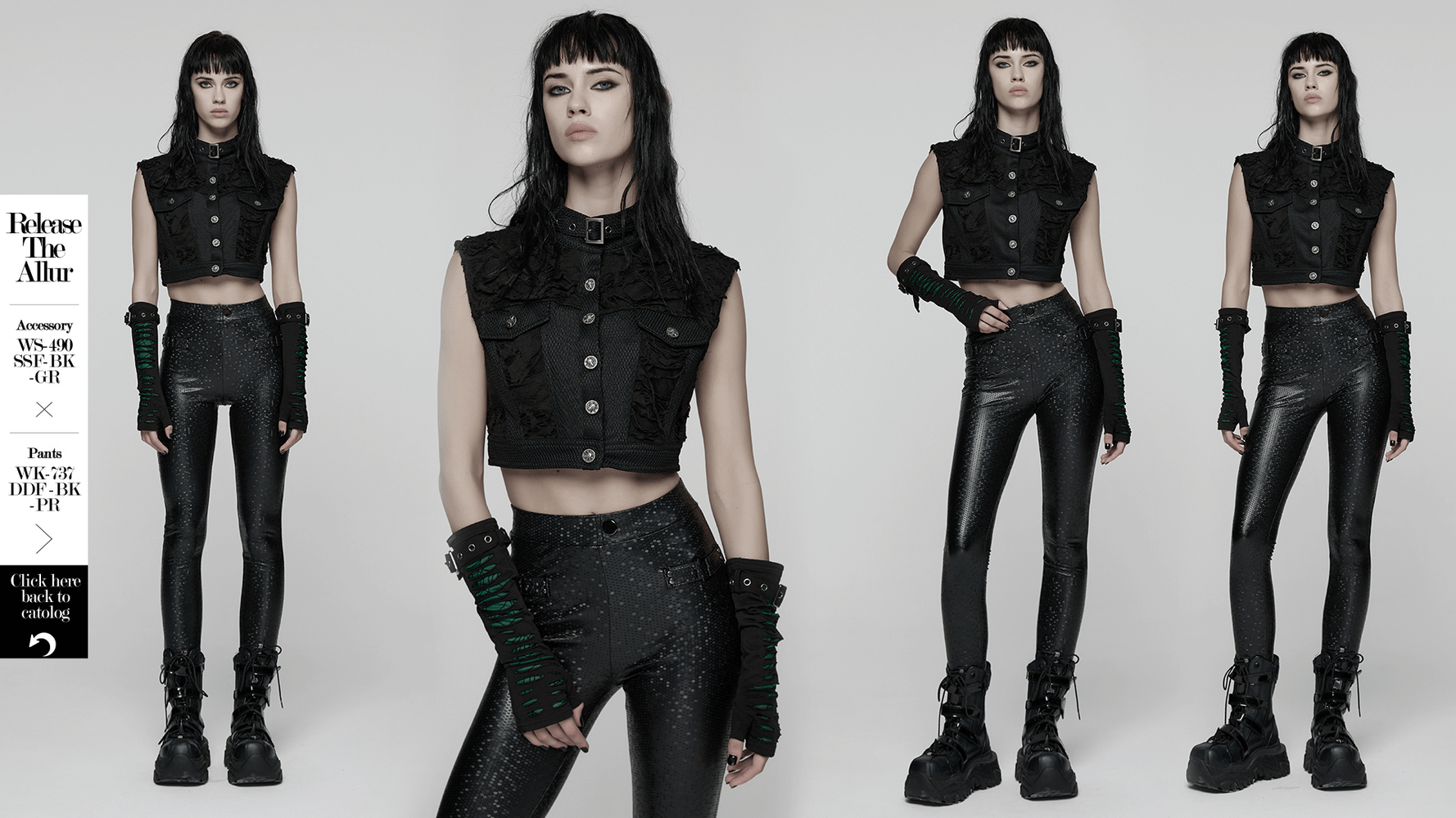Gothic Punk Mesh Short Vest with Skull Buttons showcased in various poses, paired with edgy black pants and accessories.