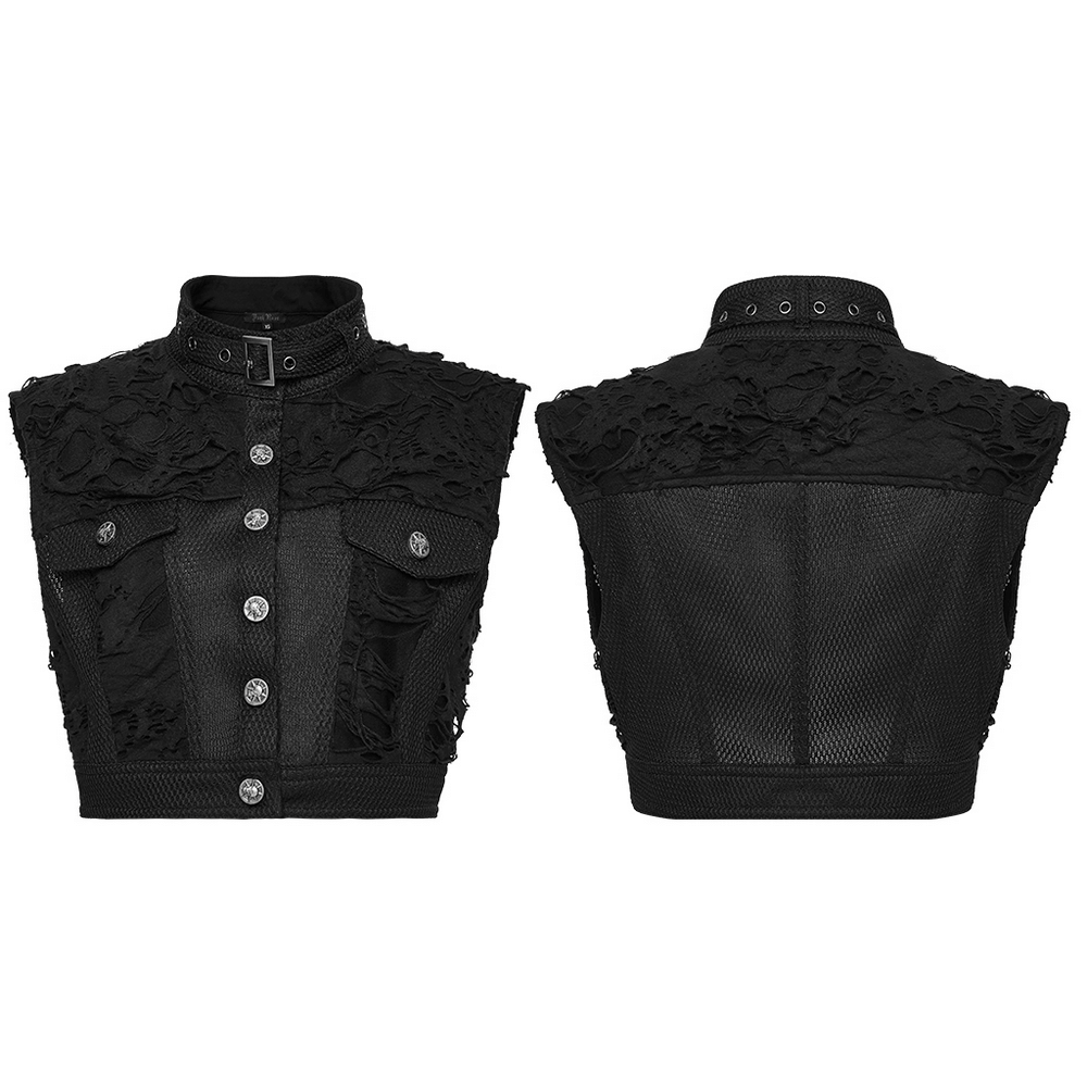 Gothic Punk Mesh Short Vest with Skull Buttons featuring lace details and skull buttons in a striking black design.