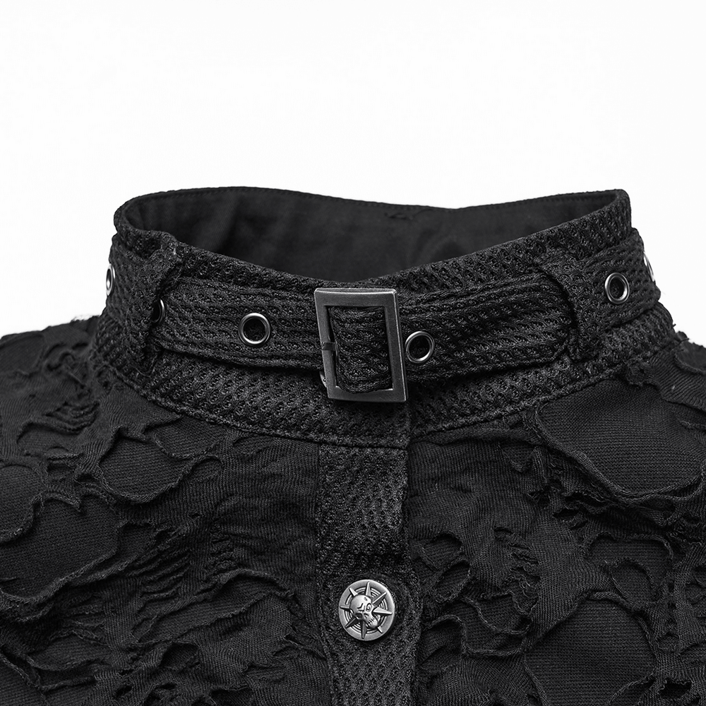 Gothic Punk Mesh Short Vest with Skull Buttons close-up of collar and unique fabric texture