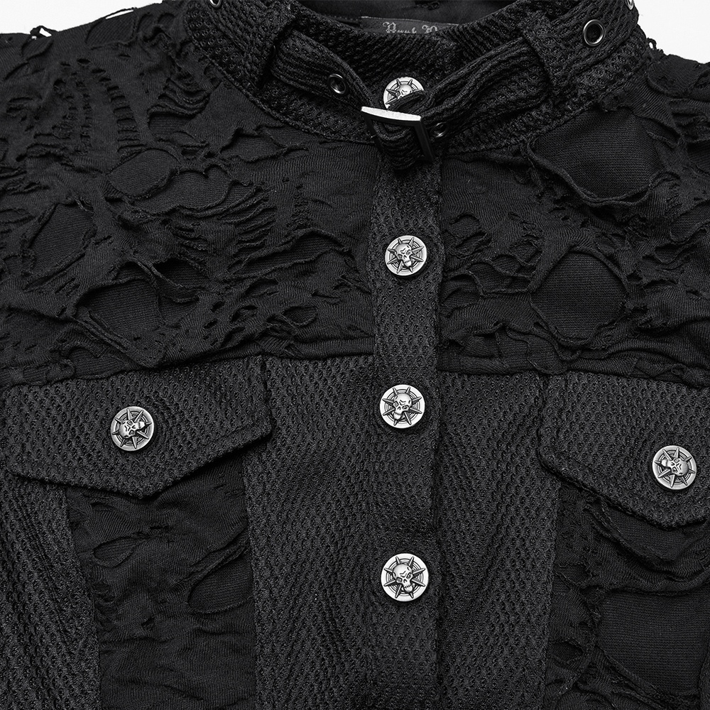 Gothic Punk Mesh Short Vest with Skull Buttons featuring intricate lace and bold skull buttons.