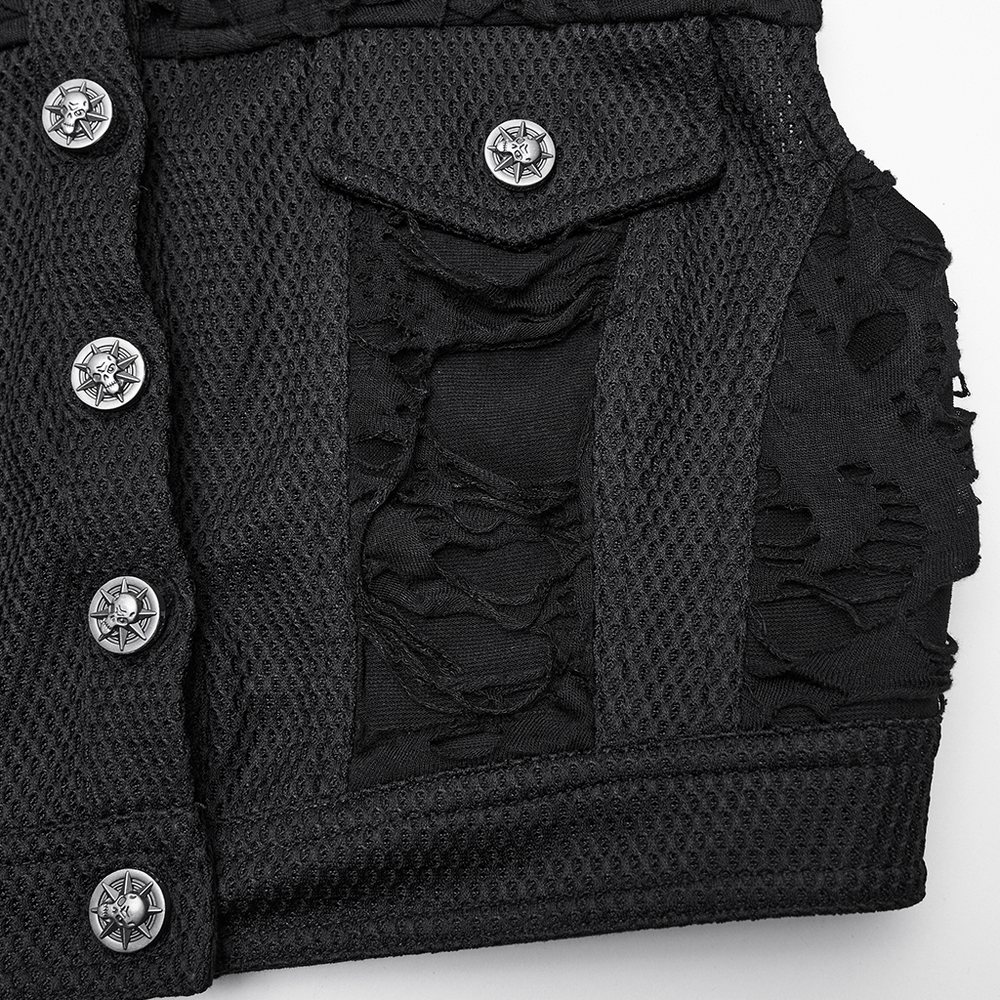 Gothic Punk Mesh Short Vest with Skull Buttons showing intricate lace details and edgy textures.
