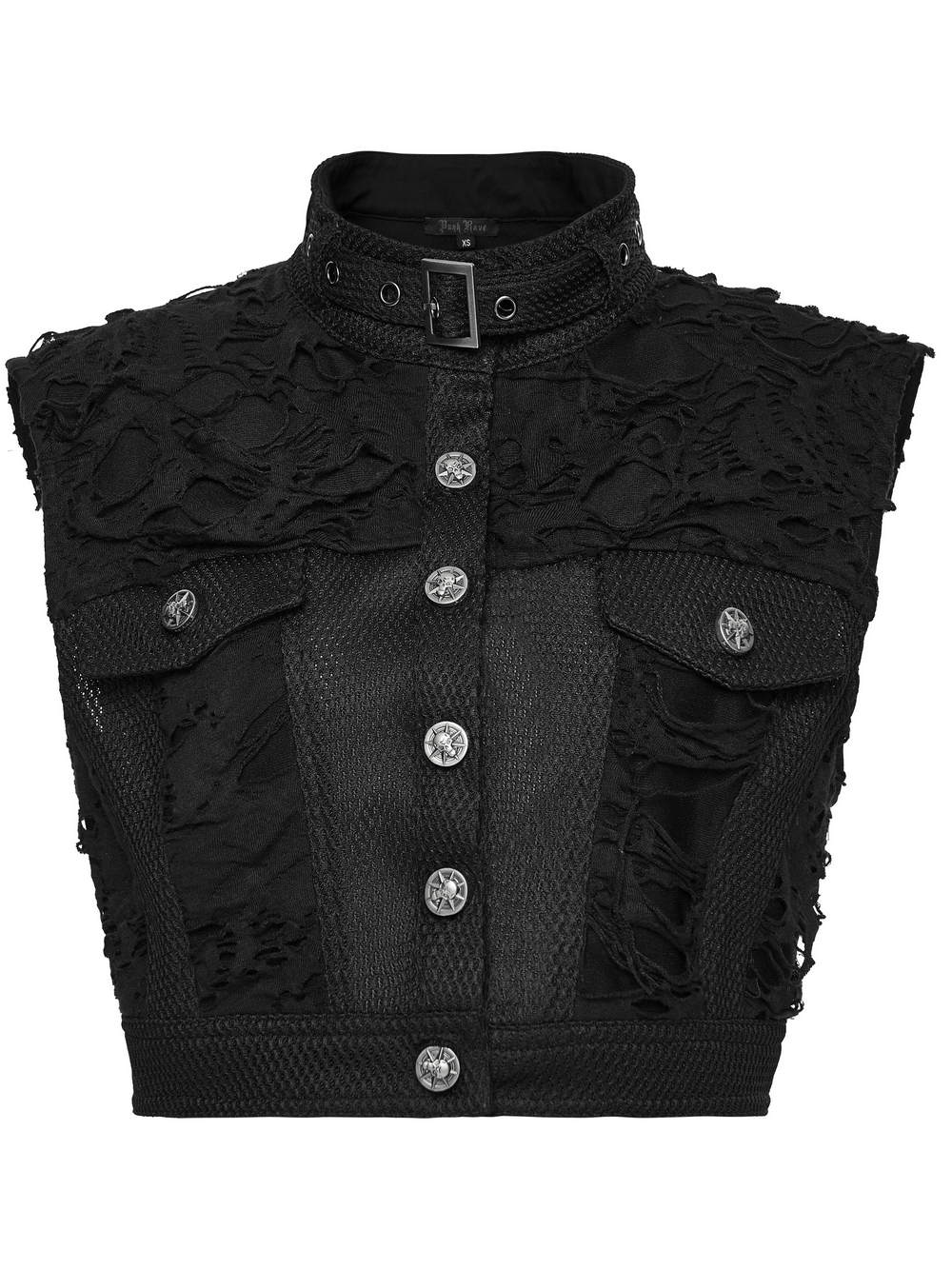 Gothic Punk Mesh Short Vest with Skull Buttons showcasing a stylish, edgy design and intricate textures.
