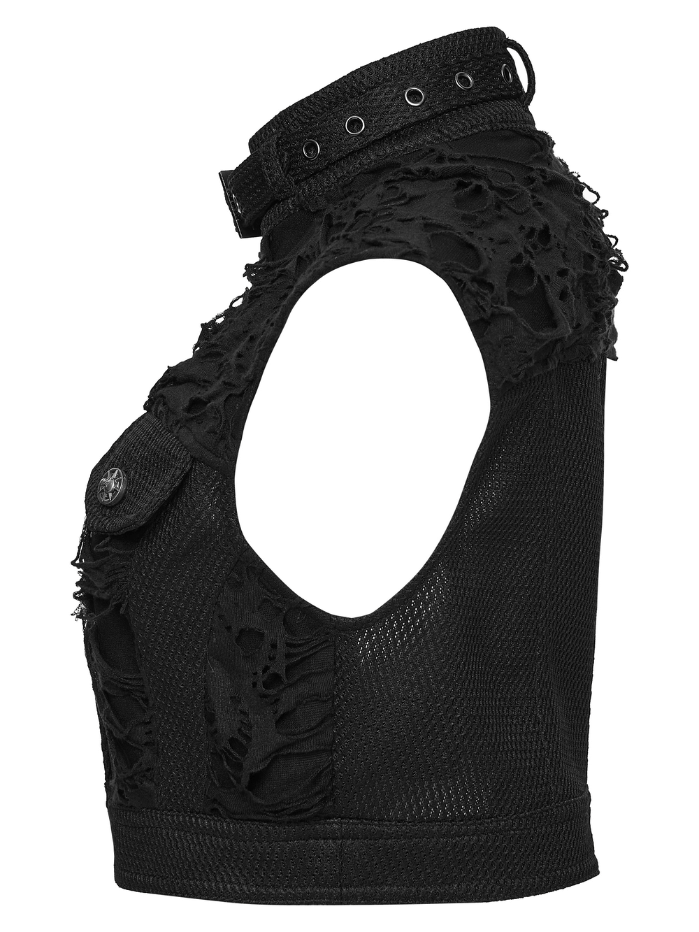 Gothic Punk Mesh Short Vest with Skull Buttons showcasing a stylish layer of edgy textures and intricate lace details.