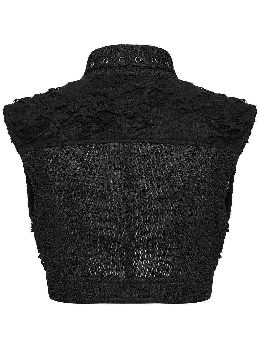 Gothic Punk Mesh Short Vest with Skull Buttons back view showcasing intricate lace and edgy mesh design