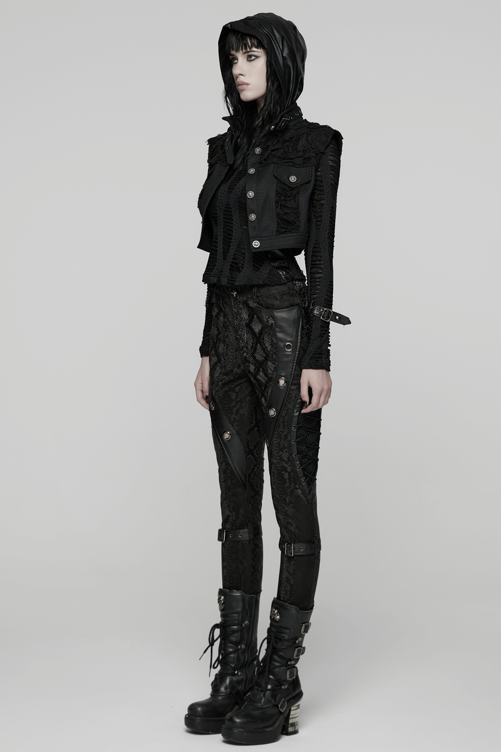 Gothic Punk Mesh Short Vest with Skull Buttons showcased on a model with edgy accessories.