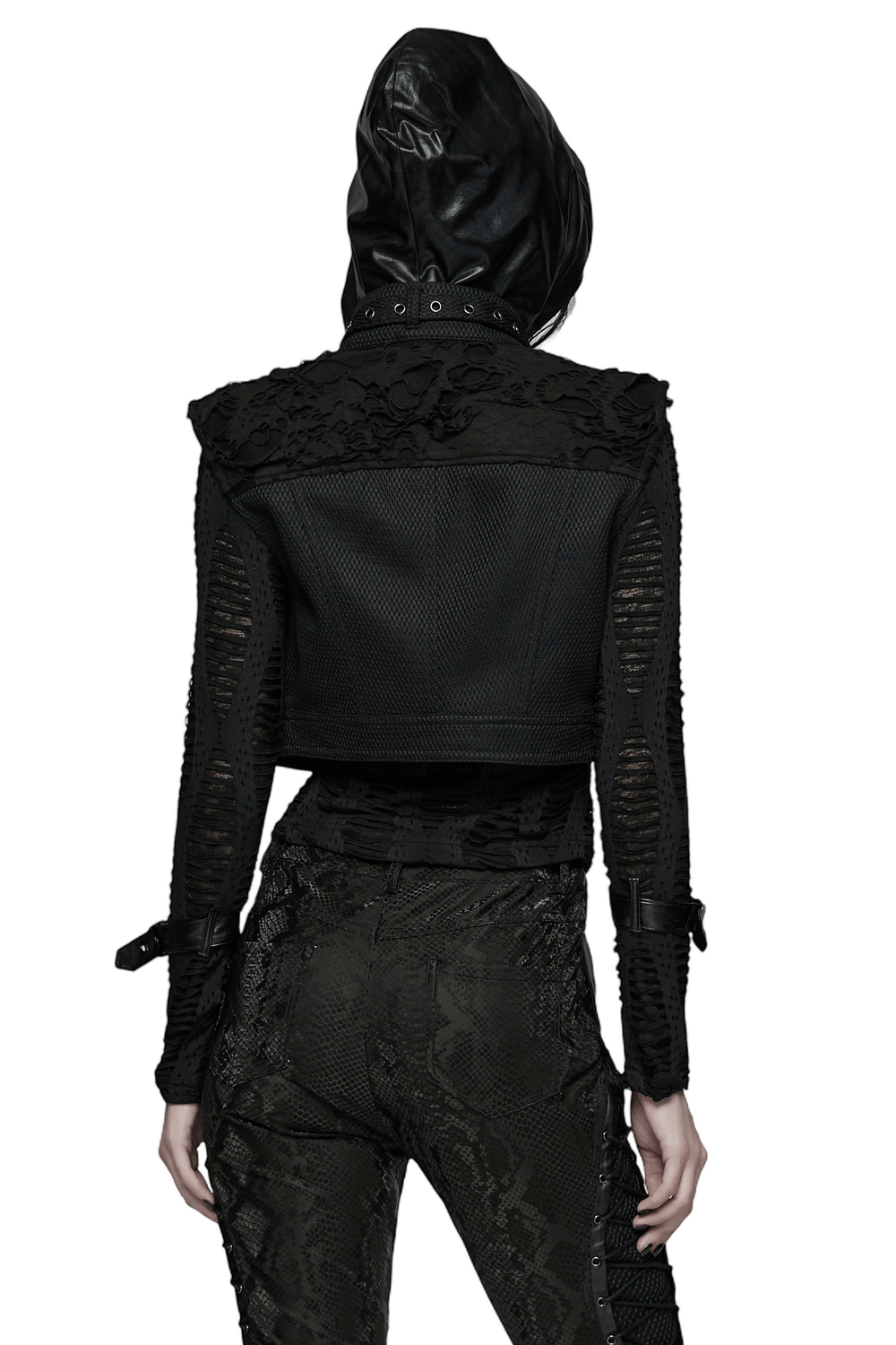 Gothic Punk Mesh Short Vest with Skull Buttons shown from the back, featuring intricate lace and a hood.