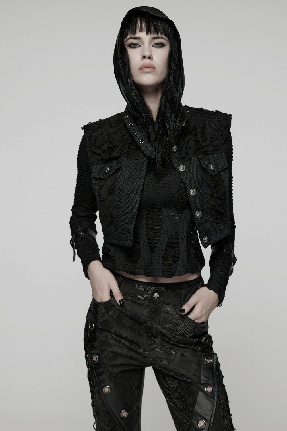 Gothic Punk Mesh Short Vest with Skull Buttons worn by a model showcasing edgy style and intricate lace details.