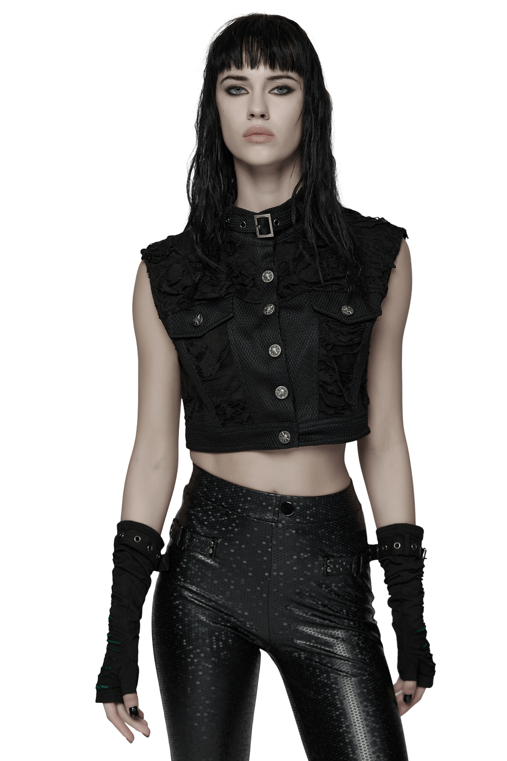 Gothic Punk Mesh Short Vest with Skull Buttons worn by model, showcasing edgy textures and gothic design.
